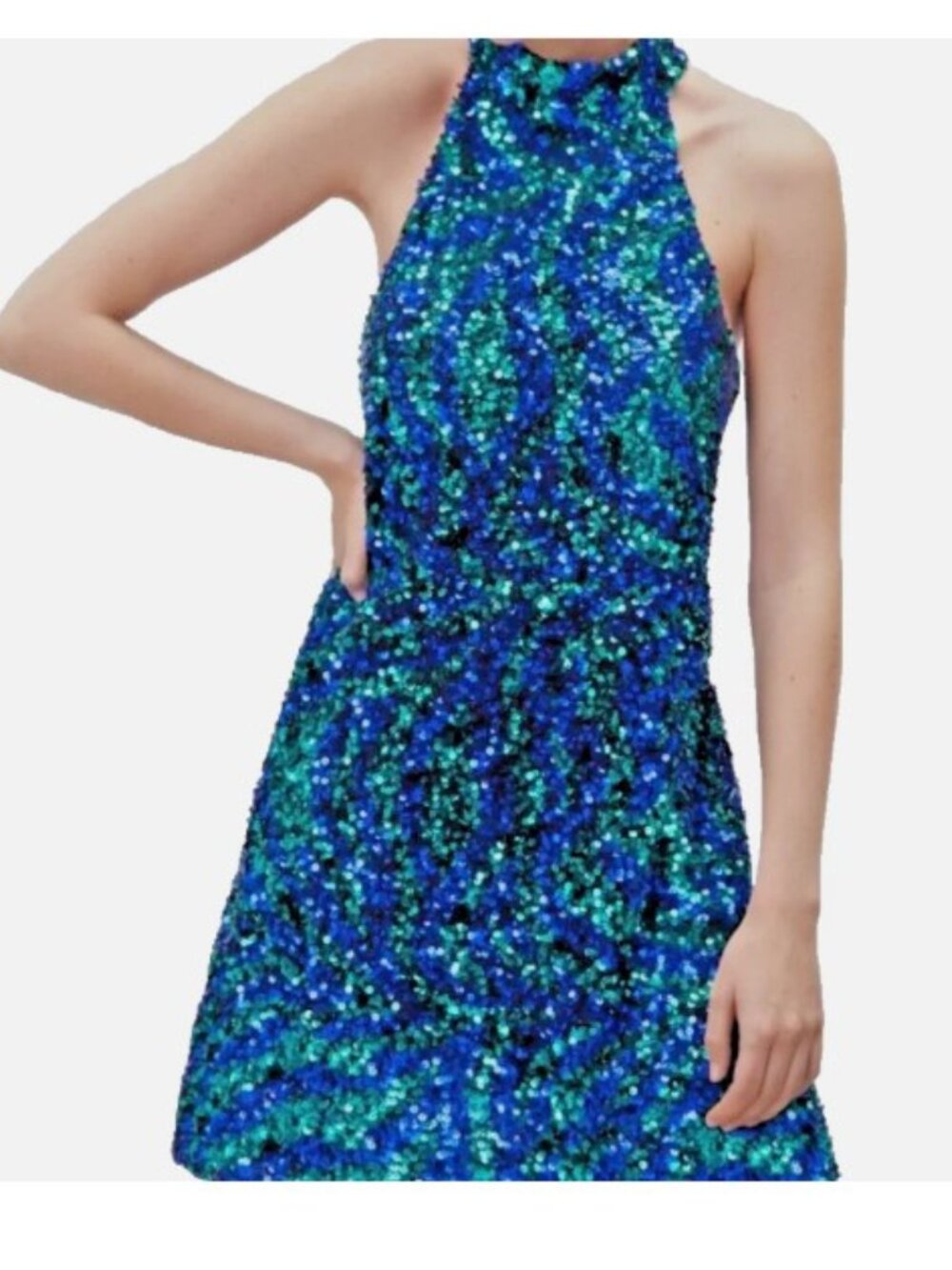 NWT ZARA Blue and Green Sequin Halter Party Dress Medium